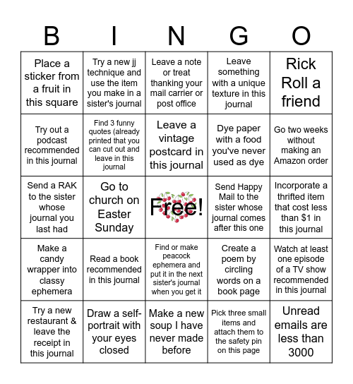 Sisterhood of the Traveling Journal Side Quest Bingo Card
