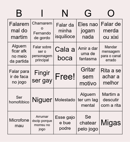 Bonigo call Bingo Card