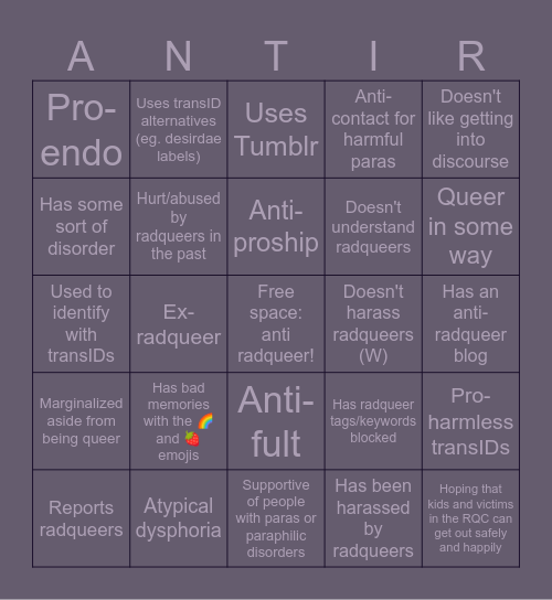 anti rq bingo! Bingo Card