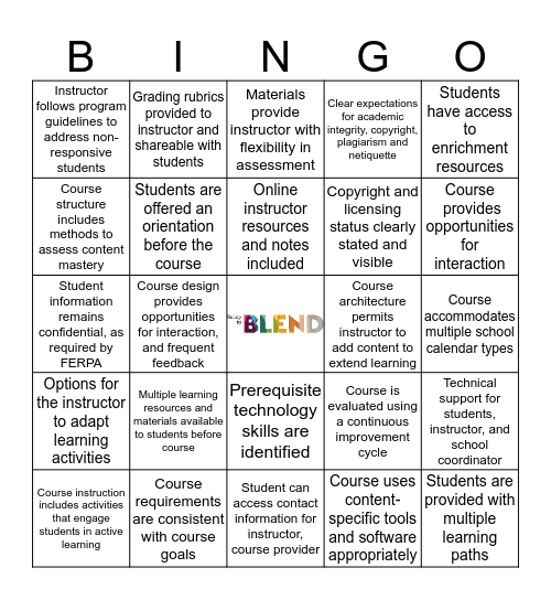 National Standards for Quality Online Courses_3 Bingo Card