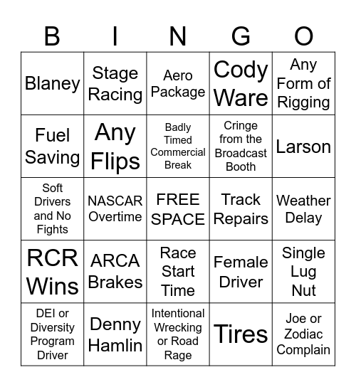 Ignition NASCAR Bingo Card