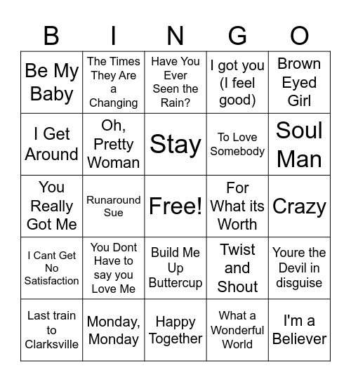 60s Bingo Card