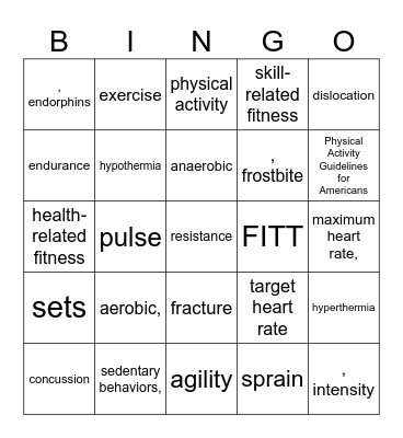 Chapter 8 Vocabulary Physical Activity Bingo Card