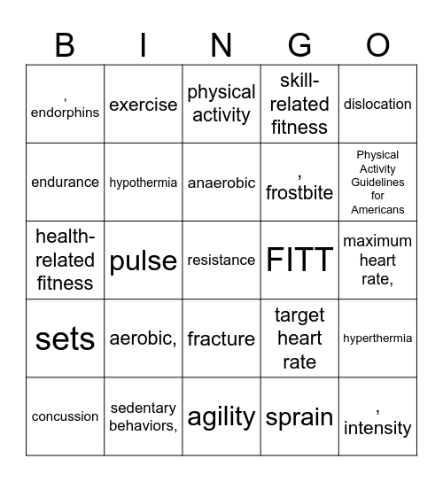 Chapter 8 Vocabulary Physical Activity Bingo Card