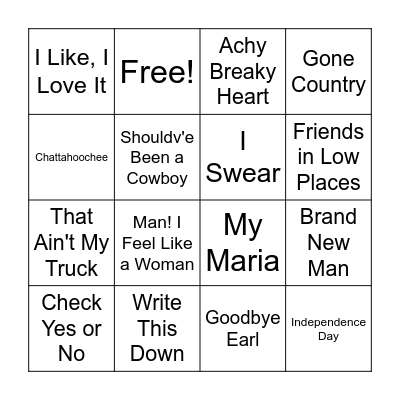 90's Country Bingo Card