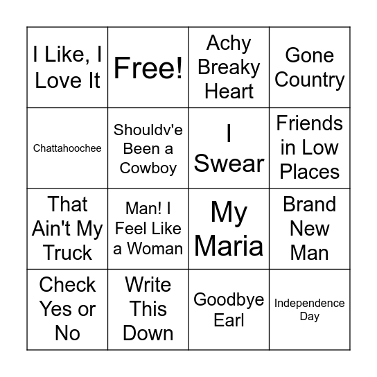 90's Country Bingo Card