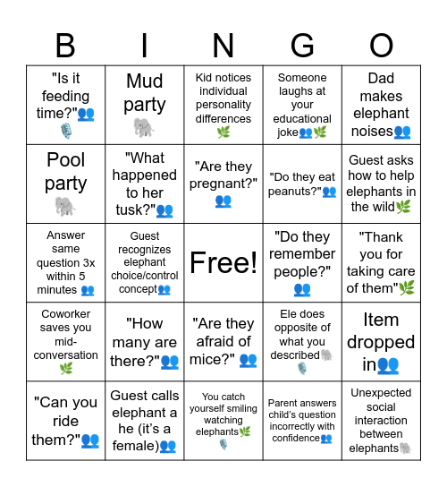 Elephant Valley Opening Day Bingo Card