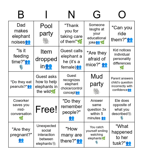 Elephant Valley Opening Day Bingo Card