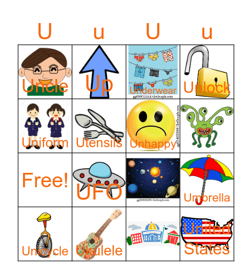 Letter U Bingo Card