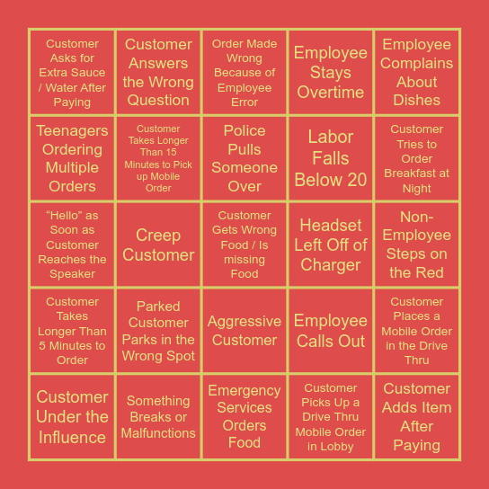 McDonald’s Bingo Card