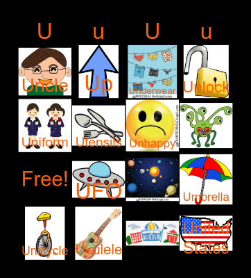 Letter U Bingo Card