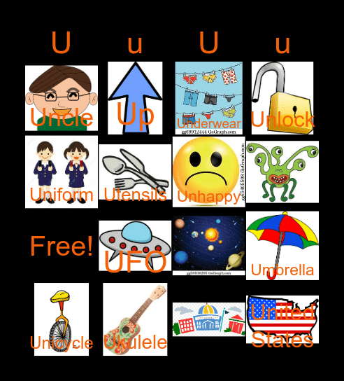 Letter U Bingo Card