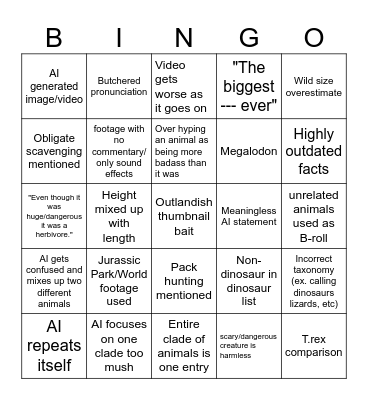 AI Dino Sludge Bingo Card