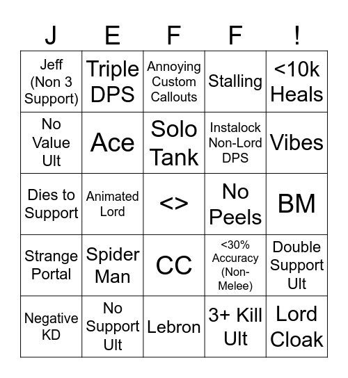 Rivals Bad Randoms Bingo Card