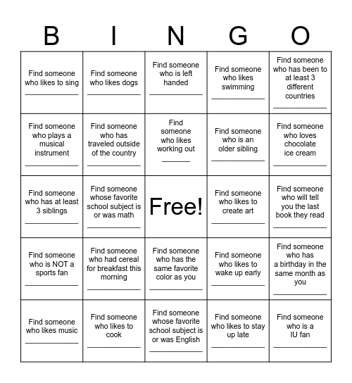 Find a friend Bingo Card