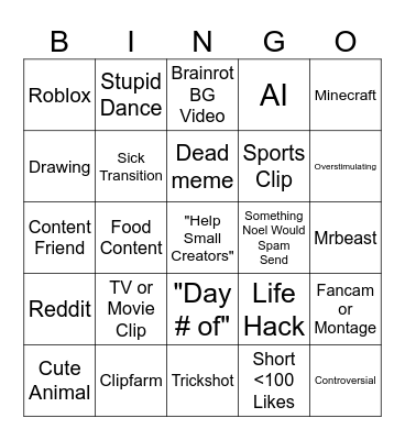 YT Shorts Bingo Card