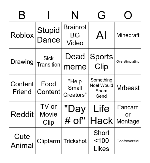 YT Shorts Bingo Card