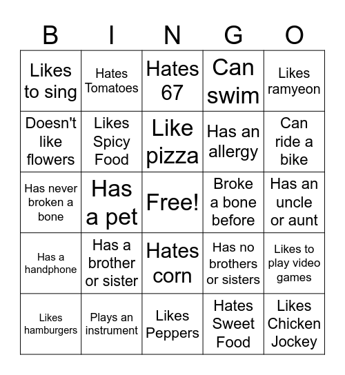 Classroom Bingo Card