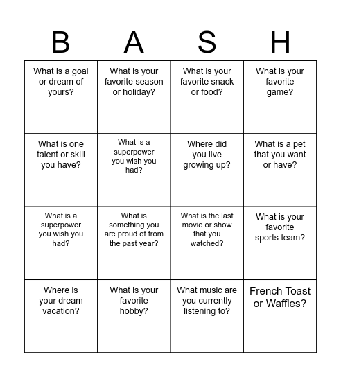 AWS BSU BASH BINGO Card