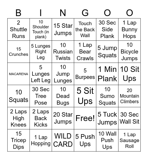 Fitness Bingo Card