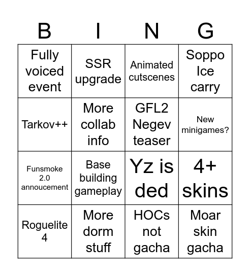 GFL2 Striim wishlist Bingo Card