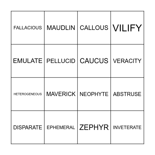VOCABULARY BINGO Card