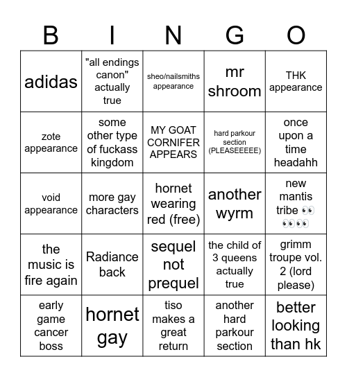 Hollow Knight : Silksong bingo Card