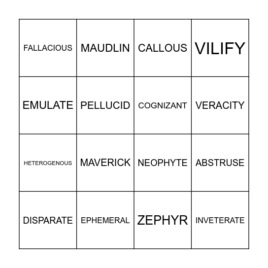 VOCABULARY Bingo Card