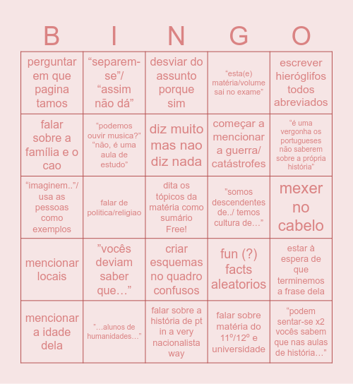 aulas de história ft. professora de história Bingo Card