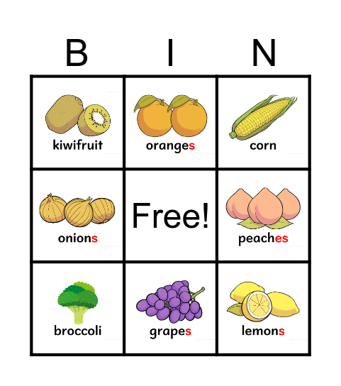 Plural Fruits and Vegetables Bingo Card