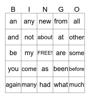 first sight words Bingo Card