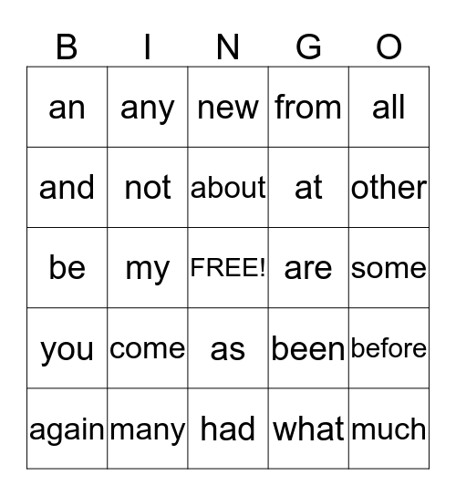 first sight words Bingo Card