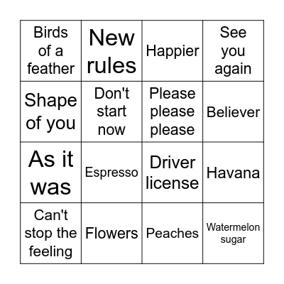 English songs Bingo Card