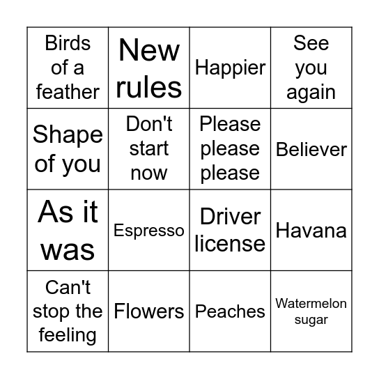 English songs Bingo Card