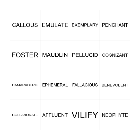 VOCABULARY Bingo Card