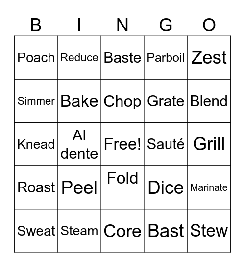 Cooking Terms Bingo Card
