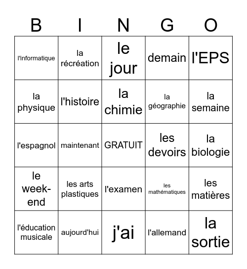 le temps et les matières Bingo Card