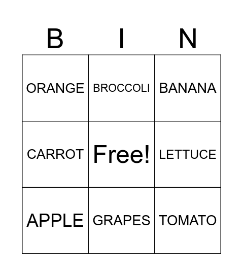 FRUITS AND VEGETABLES Bingo Card