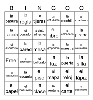 Objetos en el salón de clases Bingo Card