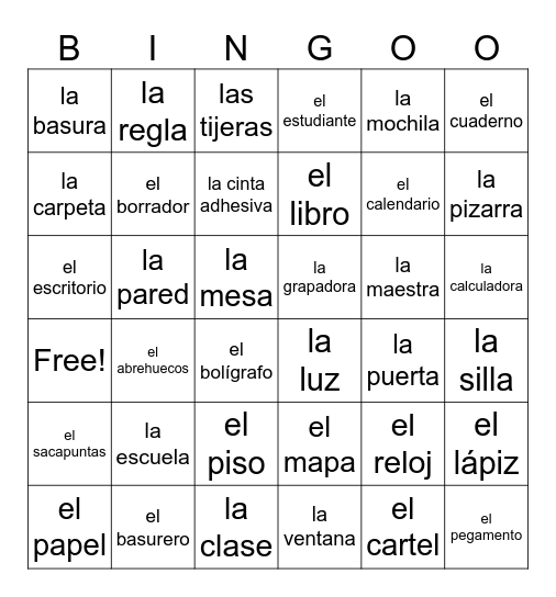 Objetos en el salón de clases Bingo Card