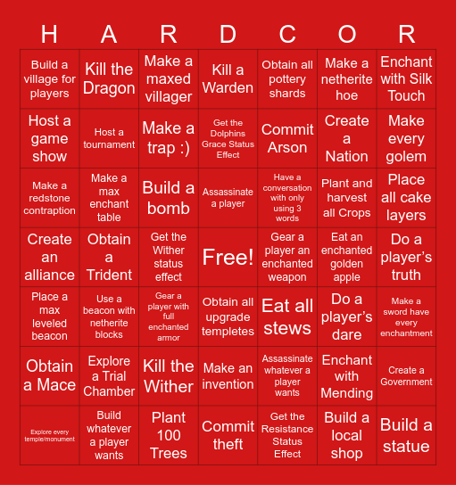 Hardcore Bingo Card