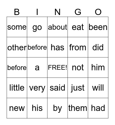 first sight words Bingo Card