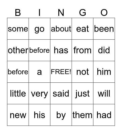 first sight words Bingo Card
