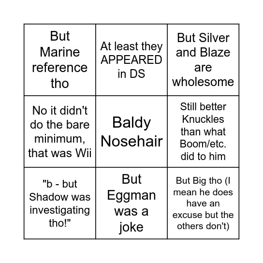 Sonic Colours DS "defenses" Bingo Card