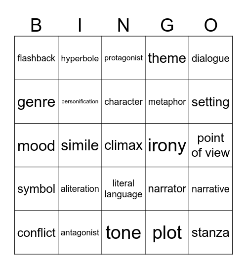 Literary Terms Bingo Card