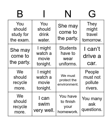 Modal Verbs Bingo Card