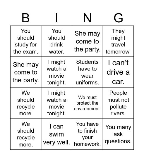 Modal Verbs Bingo Card