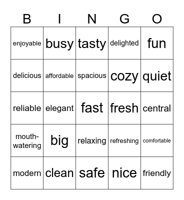 Adjectives for descriging hotel-related areas Bingo Card