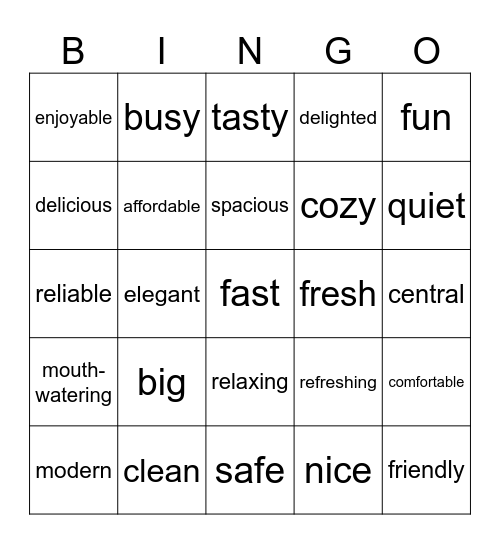 Adjectives for descriging hotel-related areas Bingo Card