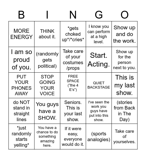 Doc Speeches Bingo - Oliver! Edition Bingo Card